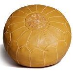 Moroccan Buzz - Moroccan Leather Pouf Ottoman, Mustard Yellow, Stuffed - Ours is a premium version of the Moroccan leather pouf: heavier, more durable, crafted of premium materials and handmade charm. The Moroccan Buzz label is assurance that your pouf has been responsibly sourced from select Moroccan artisans who consistently meet our specifications for leather quality, stitching quality and detail, zipper weight, and more. Each pouf is unique, with subtle variations inherent in authentic handcrafted products. Perfect as a footstool/ottoman, extra seating or decor accent in living room, family room, nusery, playroom and more. Measures approximately 20" diameter and 13.5" high. Bottom zipper. Cleaning: use mild leather cleaner when needed.