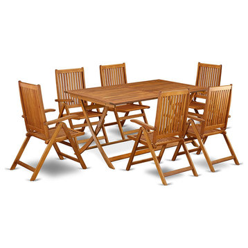 Folding Outdoor Dining Set, Acacia Wood Table and Slatted Chairs, Teak, 7 Pieces