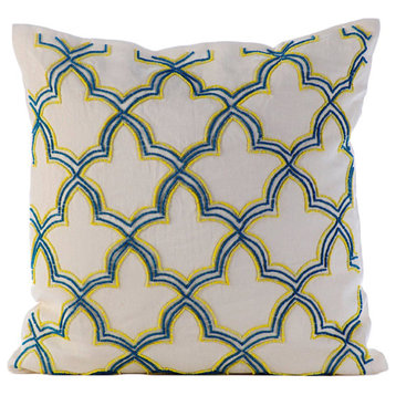 Damask Pattern Ivory Cotton Linen 24"x24" Pillow Sham, Blue Sunset Taj