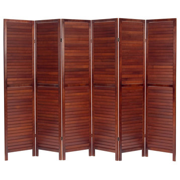 Contemporary Room Divider, Walnut Pine Wood Frame With Louvered Screen, 6 Panels