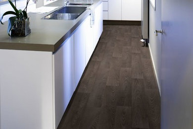 This is an example of a modern kitchen in Brisbane with vinyl floors.