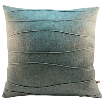 Large Wool Felt Pillow With Wavy Ribbing, Sea Blue Green, 20"x20"