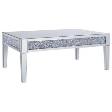 Contemporary Coffee Table, Mirrored Top, Tapered Legs With Faux Crystals Inlay