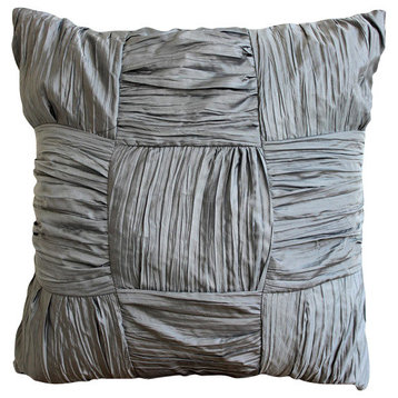 Gray Checkered Crushed 14"x14" Crushed Silk Pillows Cover, Dreamy Silver Gray