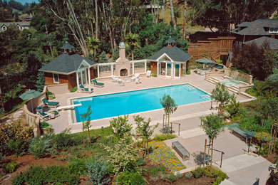 Pool house - huge contemporary backyard concrete and rectangular lap pool house idea in San Francisco