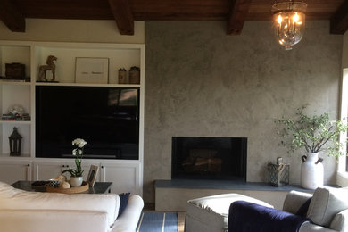 Mid-sized transitional open concept medium tone wood floor family room photo in San Francisco with a standard fireplace, a plaster fireplace and a media wall