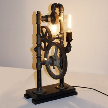 Pipe Lamp with Vintage Pulley and Gears