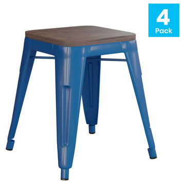Kai Commercial Grade 18" Barstool with Wooden Seat, Stackable, Set of 4, Royal Blue