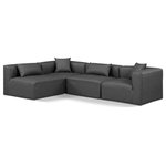 Meridian Furniture - Cube Upholstered Modular Sectional, Grey, 4-Piece: 2 Armless Chair, 2 Corner Chair, Vegan Leather - Elevate your space with the luxurious Cube Vegan Leather Modular Sectional. This modular sectional exudes modern elegance, charm, and comfort making it a perfect addition to any contemporary living space. Its clean lines and cube shape are reminiscent of minimalist design, while the plush charcoal grey vegan leather upholstery adds a touch of luxury and sophistication. The chair's versatile construction and geometric aesthetic seamlessly integrate into various design styles, from sleek living rooms to chic home offices, embodying the essence of modern design and creating a sense of order and tranquility in your space.