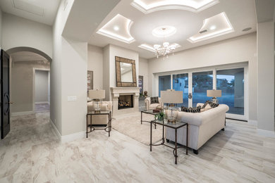 Living room - mid-sized transitional formal and enclosed marble floor and gray floor living room idea in Phoenix with gray walls, a standard fireplace, a concrete fireplace and no tv