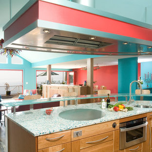 75 Beautiful Kitchen With Light Wood Cabinets And Recycled Glass