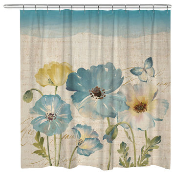 Teal Watercolor Poppies Shower Curtain