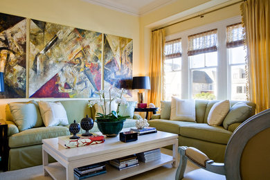 Example of a mid-sized classic formal and enclosed carpeted and beige floor living room design in San Francisco with yellow walls, no fireplace and no tv