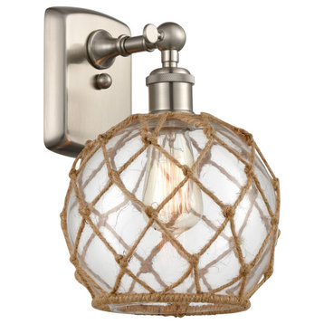 Farmhouse Rope 1-Light Sconce, Brushed Satin Nickel, Clear Glass With Brown Rope
