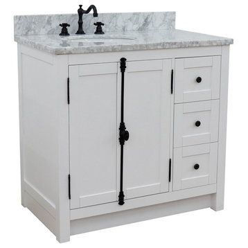 37" Single Vanity, Glacier Ash With White Carrara Top, Left Doors/Left Oval Sink