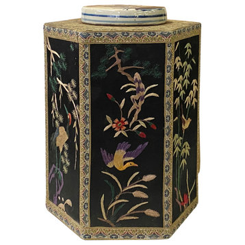 Chinese Black Hexagon Container Flower Birds Embroidery Porcelain Cover Hws2659