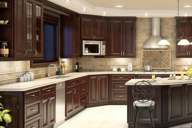 Inspiration for a large timeless l-shaped travertine floor and beige floor eat-in kitchen remodel in Miami with a single-bowl sink, raised-panel cabinets, dark wood cabinets, granite countertops, brown backsplash, stone tile backsplash, stainless steel appliances, an island and beige countertops