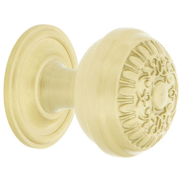 Egg And Dart Brass 1 3/8" Cabinet Knob With Classic Rose, Satin Brass