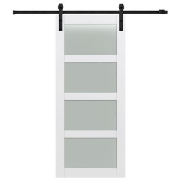 36"x84" 4-Lite Bent Strap Interior Single Barn Door, Black