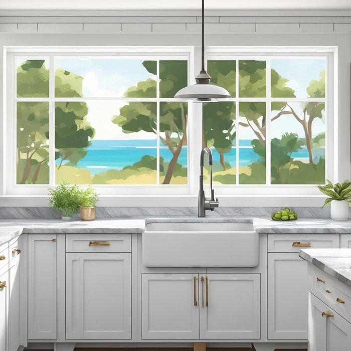 A kitchen with a view of the sea