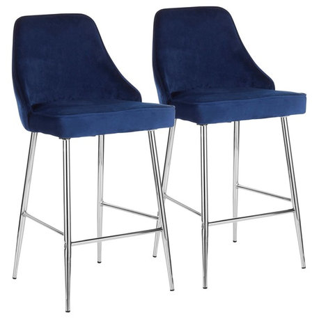 Marcel Contemporary Counter Stool, Chrome and Navy Blue Velvet, Set of 2