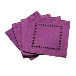 Xia Home Fashions - Melrose Easy Care Cutwork Hemstitch Coaster, Gold, 6"x6", Set of 12, Plum - Coasters