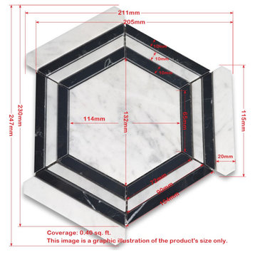 Carrara White Marble Georama Hexagon Black Strip Tile Polished, 1 sheet