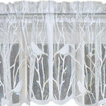 Songbird White Lace Kitchen Curtain, 56"x12" Valance - The Songbird white lace kitchen curtain from Lorraine Home features songbirds sitting on branches gleefully singing away.