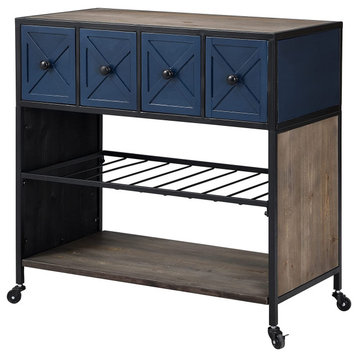 Farmhouse Kitchen Cart, Wine Metal Rack & 4 Drawers With X-Shaped Front