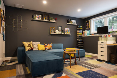 Basement - mid-sized contemporary walk-out carpeted basement idea in Boston with gray walls
