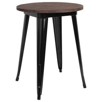 24" Round Black Metal Indoor Table With Walnut Rustic Wood Top