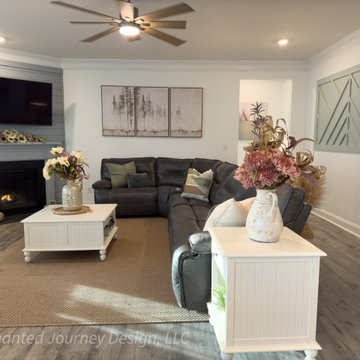 Upscale Farmhouse Living Room with Shiplap Fireplace & Gray Leather Sectional