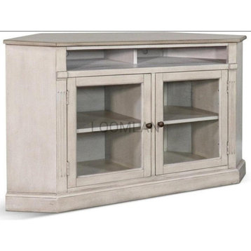 55" Wide Off White Wood Corner TV Stand Media Console With Glass Doors