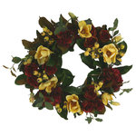 Creative Displays - 28" Hydrangea, Magnolia and Rose Fall Wreath - Your home or office will come alive with the colors of autumn with our 28” fall wreath;  cheerful burgundy Hydrangeas, bright yellow Magnolias, soft burgundy rose buds, vibrant magnolia leaves and yellow berries. Each component is lovingly hand-assembled in a beautiful arrangement celebrating the changing season. Enjoy all the charm of fall - without having to worry about watering or maintenance. And since it's made from high quality and durable materials, you'll be able to treasure your 28" Fall Wreath for years to come.