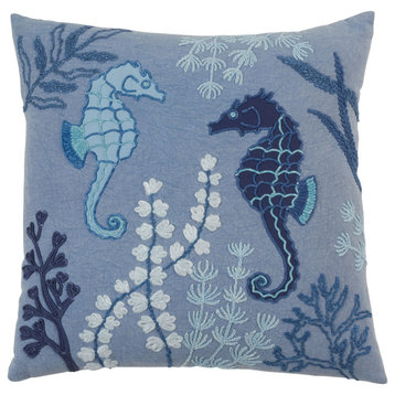Stonewashed Throw Pillow With Sea Horse Design, Blue, 20"x20", Down Filled