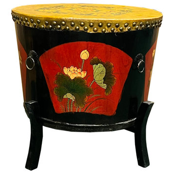 Chinese Tibetan Black Red Floral Graphic Round Drum on Stand Hcs7439