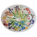IdahoMud - Garden Floral Vessel Sink with Deco Tiles Limited Edition - A colorful bouquet of flowers completely surround this handpainted vessel sink for a year round garden display that will brighten any room.  Complimenting the sink are (24)  4.25 X 4.25 X .25" matching handpainted tiles that can be integrated on the backsplash or countertop.  Tiles are a standard white commercial tile.  The floral design is handpainted with layers of glazes on to a white glazed sink and fired to 2000 degrees for a permanent and durable finish and requires no special care from other standard commercial sinks.  The sink measures 16" X 13" X 5.5" and comes with a pop-up drain