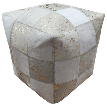 Hair on Hide Cube Pouf, White/Gold