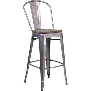 30" Barstool With Back and Wood Seat, Clear Coated