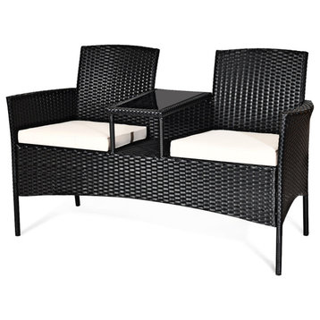 Costway Patio Rattan Loveseat Table Chairs Chat Set Sofa Conversation Cushioned