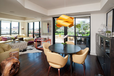 Great room - contemporary dark wood floor great room idea in Minneapolis with white walls