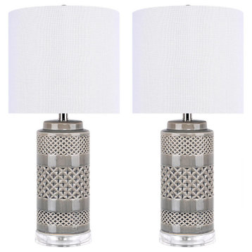 21" Gray Ceramic Table Lamp, Cylindrical Base/Off-White Linen Shade, Set of 2