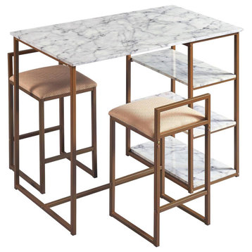 3 Pieces Dining Set, Metal Frame With Faux Marble Tabletop and Counter Stools