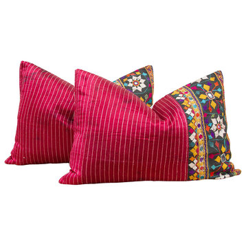 Set of Two Antique Mashru Tribal Lumbar Pillows