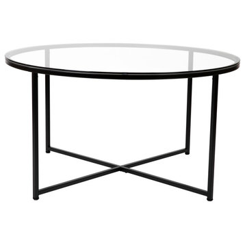 Coffee Table Glass Accent Table With Crisscross Frame, Clear and Matte Black