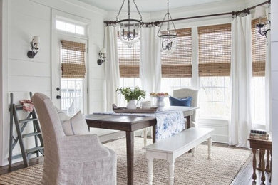 Mid-sized cottage chic medium tone wood floor and brown floor great room photo in Orange County with white walls