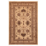 Bareens Designer Rugs - Oriental Ziegler Tarra Beige Tan Hand-Knotted Wool Rug - 6'2'' x 8'9'' - Enhance the ambiance of your home with this magnificent Persian-influenced Turkish hand-knotted rug made by skilled artisans capable of creating the most exceptional vegetable dyes and hand-spun wool. This exquisite handmade rug is a one-of-a-kind Peshawar Kafkaz, otherwise identified as Chobi, Chobi Peshawar, Oushak, or Ziegler rug. These handmade rugs are crafted in Pakistan utilizing superior-quality wool imported from Australia, New Zealand, and Korea in two types of weaves: the Persian weave and the Mori weave. This rug is meticulously crafted by hand using the finest natural vegetable dyes extracted from local plants. The artisans use a blend of hand-spun local and fine merino wool, resulting in a rug with a compelling texture, higher lanolin content, and longer staple. The artisans occasionally incorporate natural or artificial silk into the pile to enhance specific motifs. The finished product is an awe-inspiring execution of flawless design and an understated palette that exudes elegance.