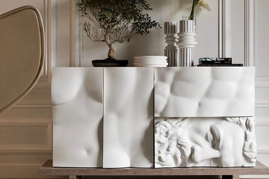 Inspiration for a modern brown floor foyer remodel in Miami with white walls