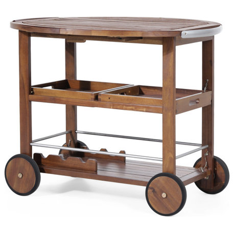 GDF Studio Cyndy Farmhouse Cottage Dark Oak Acacia Wood Bar Cart