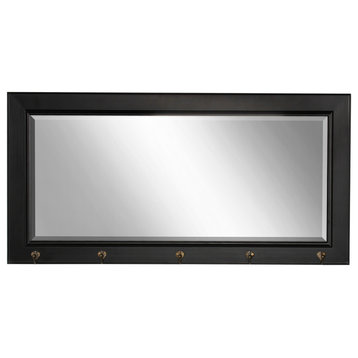 Traditional Framed Pub Mirror With 5 Metal Hooks, Black